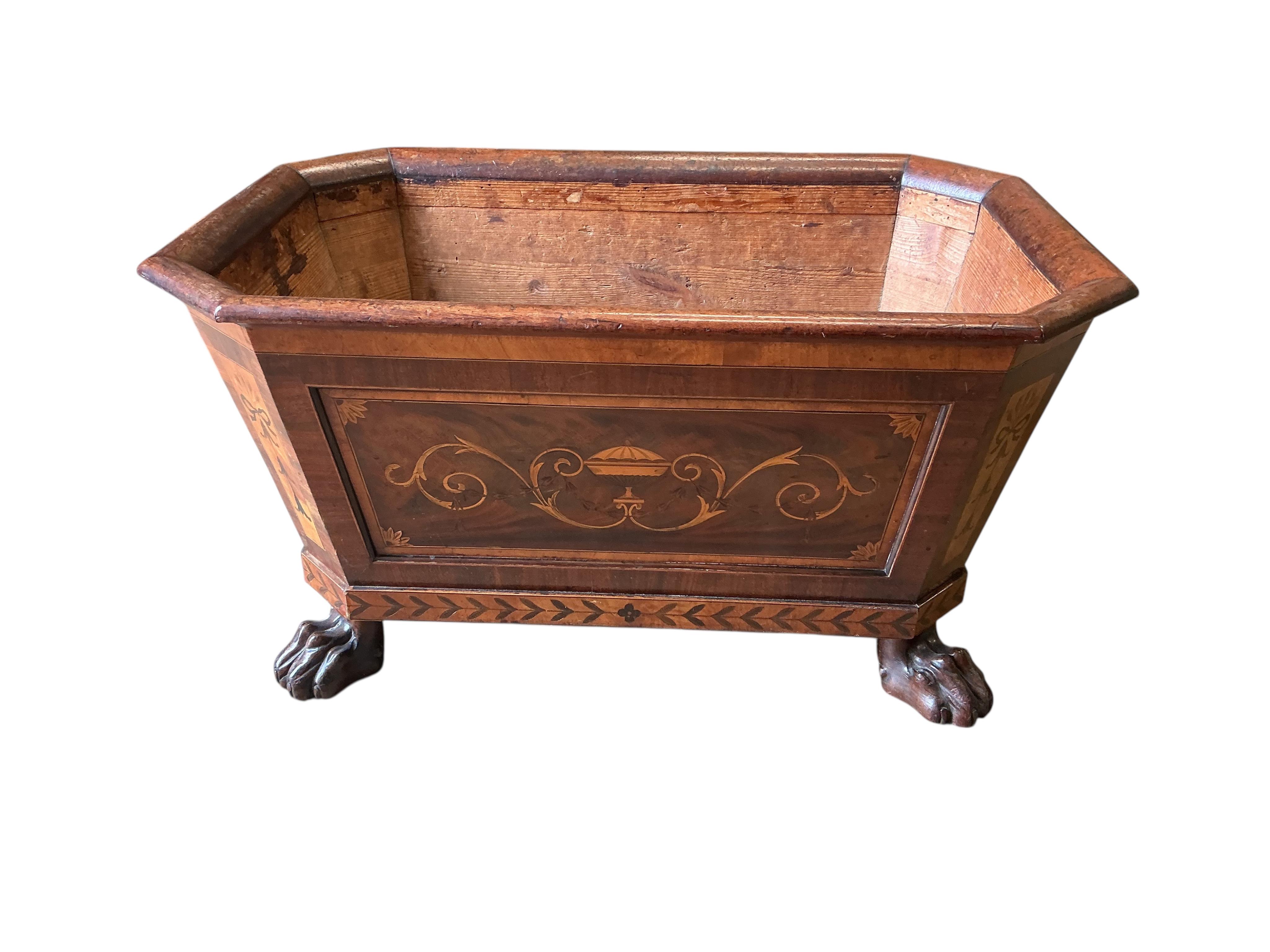 A George III and later marquetry inlaid mahogany wine cooler, lacks liner, width 77cm, depth 50cm, height 40cm